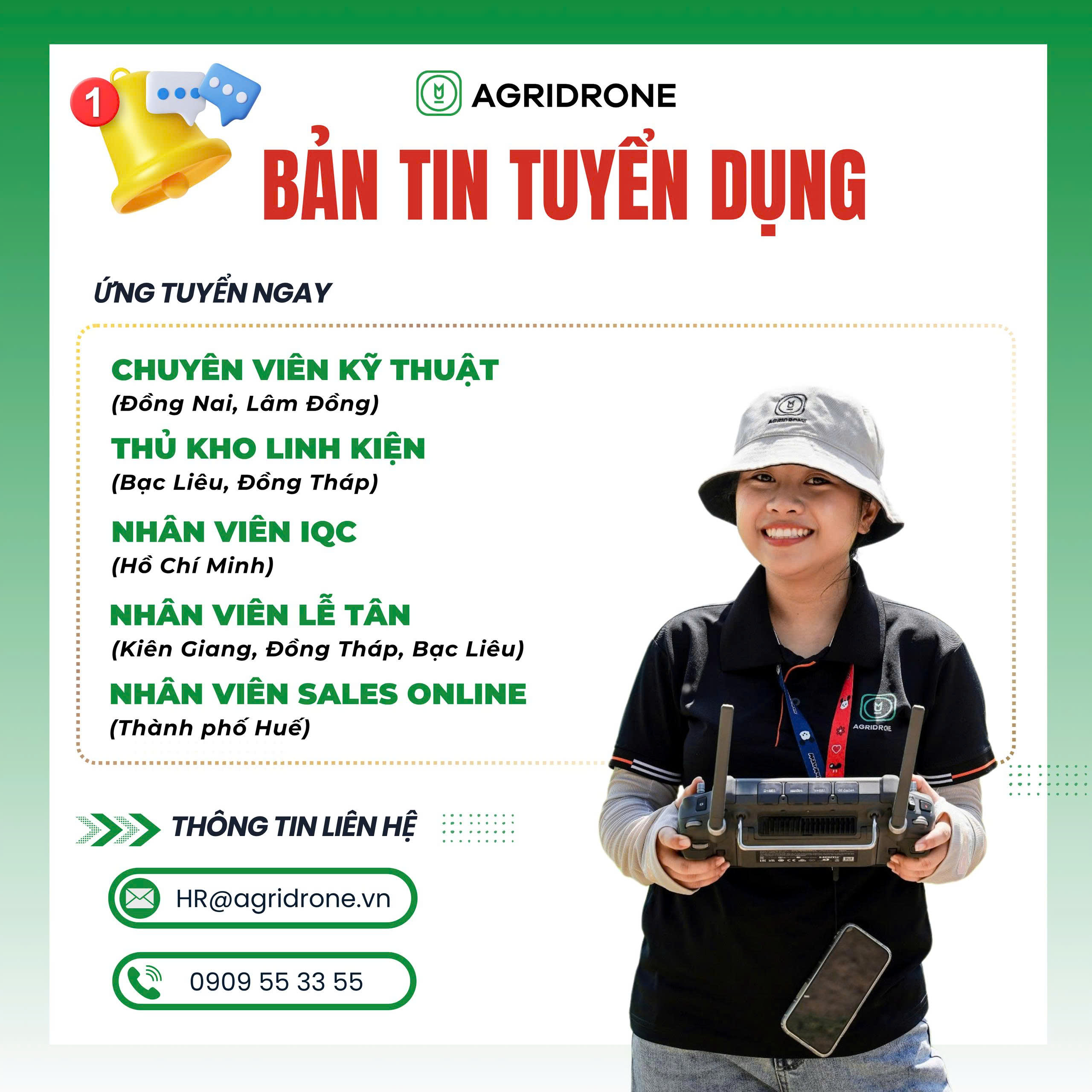 AgriDrone tìm kiếm ứng viên – Chuyên viên Kỹ thuật, Thủ kho, Lễ tân, Sales